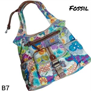Fossil Shoulder Bag Vintage Floral Multiple Pockets Canvas Leather Key A…